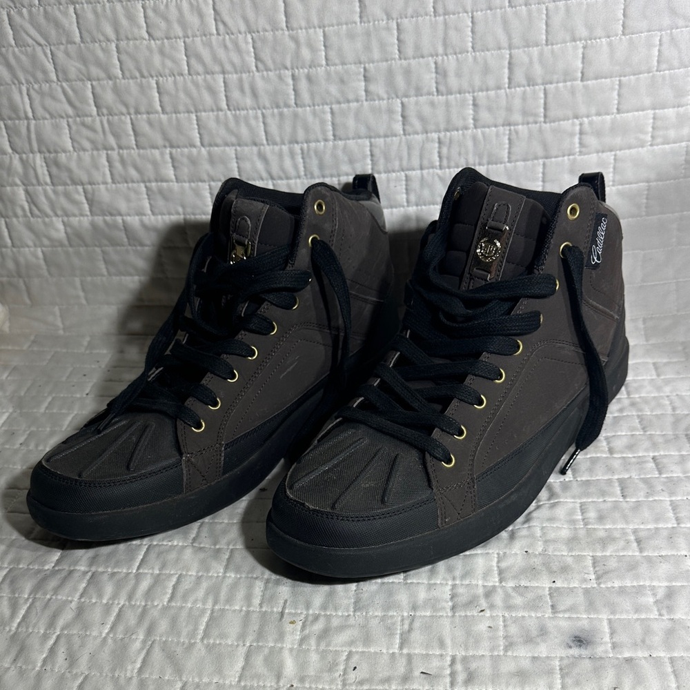 Cadillac men's high-top sneakers in a brown and black colorway